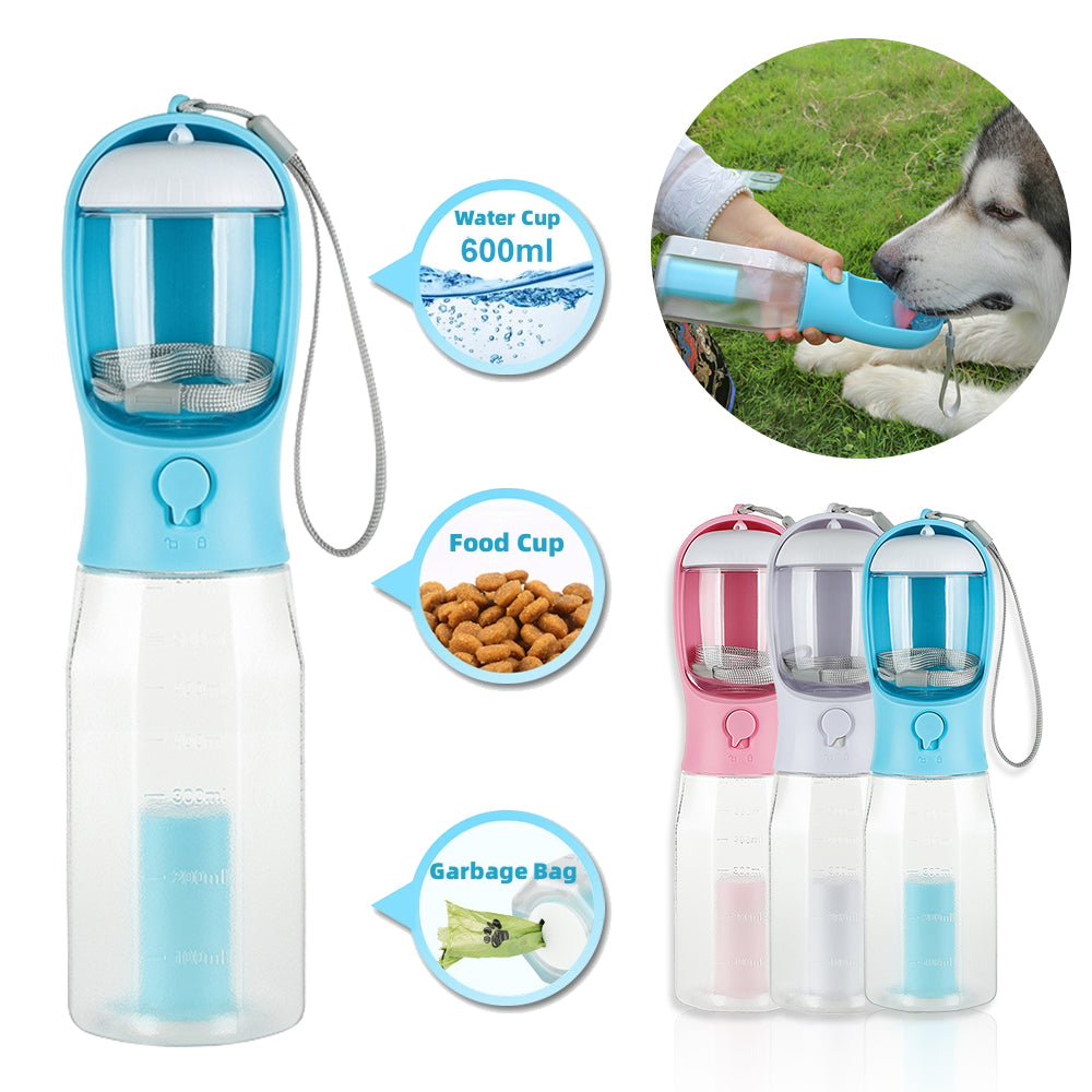 Ultimate 3-in-1 Portable Dog and Cat Water Bottle with Food Feeder and Poop Dispenser - Leak-Proof, Stylish, and Convenient for On-the-Go Pet Adventures!